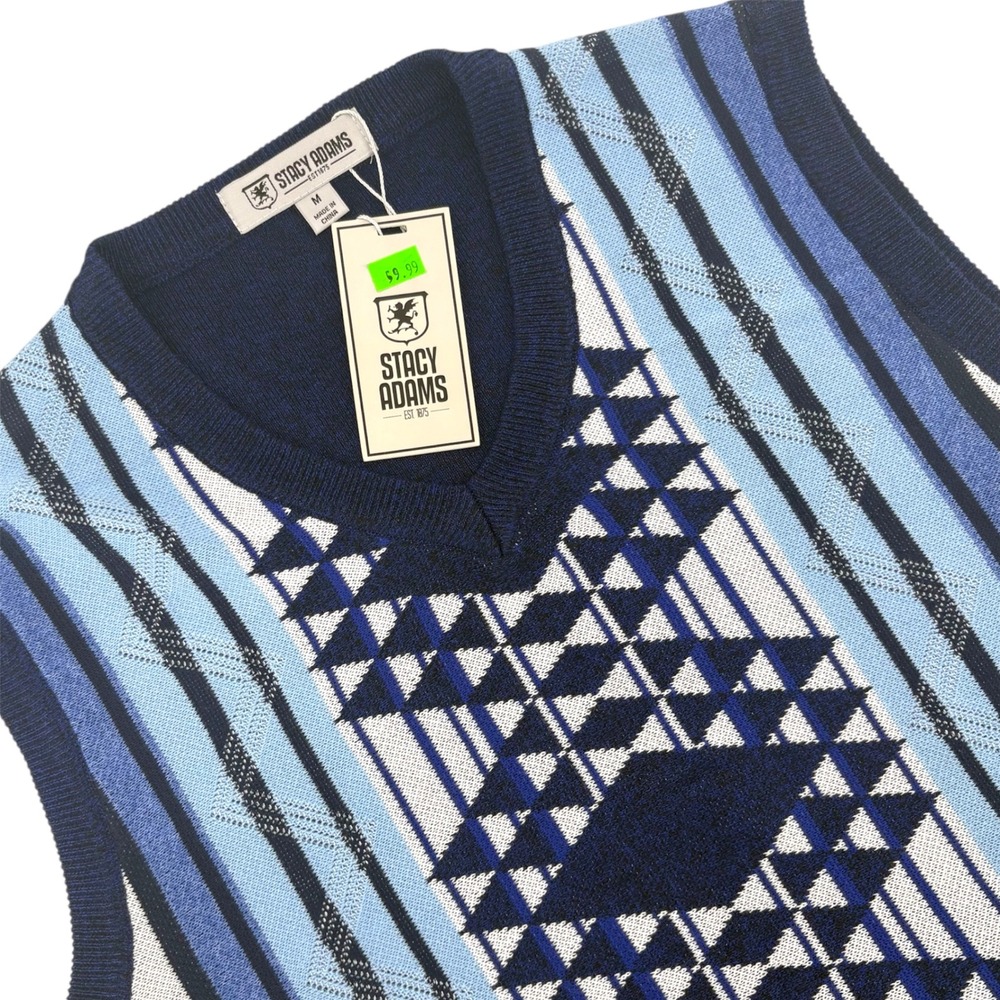 Stacy Adams‎ Mens Blue Geometric Diamond Stripe V-Neck Sweater Vest Medium NWT